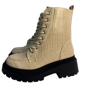Topshop Women's 6/37 Kara Lace-Up Combat Boots Croc Embossed Beige Lug Sole NWOB